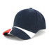 A navy cap with a patterned peak featuring red and white accents. It includes a branding logo on the front.