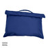 A royal blue library bag with a handle and a fold-over design, featuring a logo.