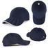 A navy cap featuring white stitching and a logo, shown from multiple angles.
