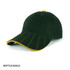 A dark green cap with gold accents and stitching, featuring a curved brim and a logo.