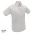 A white polo shirt with short sleeves and a collar. It has a logo on one side.
