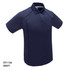 A navy polo shirt with a collared neckline and short sleeves, featuring a logo on the upper left.