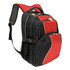A black and red backpack featuring multiple compartments and mesh side pockets, with a logo on the front.