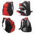 A black and red backpack featuring multiple compartments and a logo, showcasing various angles and details.