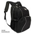 A black backpack with multiple compartments, zippers, and a logo, designed for practical use.