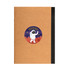 A brown A5 notebook with a black spine and a colorful astronaut sticker on the front.