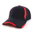 A black cap with red accents, featuring a curved visor and a branding logo.