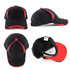 A black cap with red accents, featuring a logo and showing multiple angles, including an interior view.