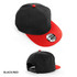 A black cap with a red brim and button, featuring a logo on the side. The cap has a snapback adjustment.