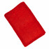 A red wristband made of soft fabric, featuring a textured surface and a logo.