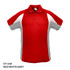 A red polo shirt with white and grey accents, featuring a collar and short sleeves. It has a logo on the chest.