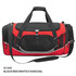 A duffle bag in black, red, white, and charcoal, featuring a mesh pocket and a shoulder strap, with a logo.