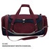 A maroon, navy, white, and charcoal duffle bag with multiple pockets and a removable shoulder strap.
