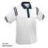 A white polo shirt with navy accents and stripes, featuring a collar and buttons. It has a logo.