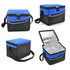 A cooler bag featuring a blue and black design, with a zippered top and an insulated interior. Includes a shoulder strap.