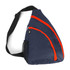 A navy sling backpack featuring orange zippers and a side mesh pocket. It has a single shoulder strap for carrying.