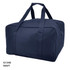 A navy duffle bag with sturdy handles and a zippered pocket, featuring branding on the side.