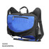 A black and royal blue wheeled trolley bag with multiple compartments and a logo.