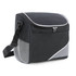 A black and grey cooler bag with a zipper, adjustable strap, and mesh pocket. It features a logo on the front.