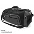 A charcoal and black duffle bag with multiple zippered pockets and a shoulder strap. It features a logo.