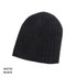 A black, ribbed beanie made from 100% cotton, featuring a logo.
