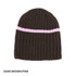 A dark brown beanie with a pink striped design. The beanie features a ribbed texture and has a logo.