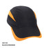 A black and orange Summit Microfibre 7Panel Cap with a logo on the front and mesh detailing at the back.