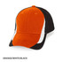 A cap featuring a three-tone design in orange, white, and black with a logo on the front.