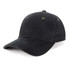 A black cap featuring a brass buckle and eyelets, designed for headwear. It has a curved brim and a classic style.