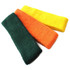 Three headbands in green, orange, and yellow, made from soft, textured fabric, featuring a logo.