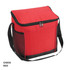 A red cooler bag with a zippered top, black trim, and side mesh pocket, featuring a shoulder strap and a logo.