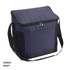 A navy cooler bag with a zippered top, side mesh pocket, and an adjustable shoulder strap. It features a logo.