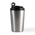 A stainless steel reusable coffee cup with a black lid and a flip-top opening.