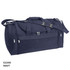 A navy duffle bag with multiple zippered compartments and a shoulder strap. It features a logo on the side.