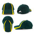 A green cap with yellow accents, featuring a curved brim and adjustable strap at the back. It has a logo.