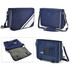 A navy satchel bag with white accents, featuring a shoulder strap, multiple compartments, and a brand logo.