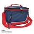A navy cooler bag with red accents and a shoulder strap, featuring a zippered compartment and pocket.