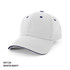A white and navy cap with a structured design and a logo on the front.