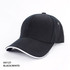 A black and white organic cotton sandwich cap with a curved brim, featuring a logo on the side.
