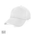 A white cotton cap featuring a curved brim and a logo on the front.