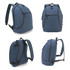 A navy blue backpack with multiple compartments, zippers, and adjustable straps. It features a logo on the front.