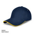 A navy cap with a gold brim, featuring a logo on the side. Suitable for casual wear.