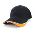 A black cap with an orange peak and white trim, featuring a logo on the front.