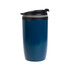 A reusable coffee cup in a dark blue gradient with a black lid and a sleek design. Features a logo.