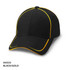 A black cap with gold piping and a logo. It features a curved brim and a structured design.