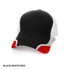 A black, white, and red cap with a curved design and a logo on the front.