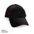 A black cap with red piping and a logo, showcasing a sporty design suitable for various activities.