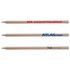 Three sharpened timber pencils in natural wood color, featuring various branding in red, blue, and black ink.
