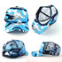 A camouflage trucker mesh cap in blue tones, featuring a mesh back and a curved brim. It includes a logo.