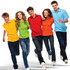 Five people wearing brightly coloured polo shirts in yellow, green, red, orange, and blue, walking together. The shirts have logos.